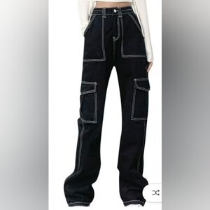 A Black Cargo Jeans High Waist Wide Straight Leg Trousers